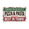 Retro metal signs set for pizzeria and pasta or Italian restaurant. Vintage pizza concept on old, rusty background. Royalty Free Stock Photo