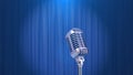 Retro Microphone and a Blue Curtain Background, 3d Render Royalty Free Stock Photo