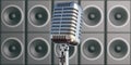 Retro microphone, blur speakers system background. 3d illustration