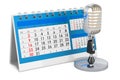 Retro microphone with desk calendar. 3D rendering Royalty Free Stock Photo