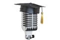 Retro microphone with graduation cap, 3D rendering