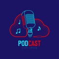 Retro Microphone logo icon outline stroke with Cloud shape frame cable dash line design, podcast internet radio program concept Royalty Free Stock Photo