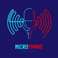 Retro Microphone logo icon outline stroke with wave frame from cable dash line design illustration isolated on dark blue Royalty Free Stock Photo