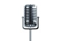Retro microphone in metallic color isolated on white background. Concept for podcast, interview, radio, vocals, show. 3D rendering Royalty Free Stock Photo