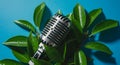 Retro Microphone Nestled Amongst Lush Green Leaves Royalty Free Stock Photo
