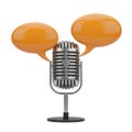 Retro microphone with orange speech bubbles representing conversation and communication isolated on white background Royalty Free Stock Photo