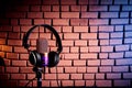 Retro microphone with professional headphones with pop filter for singing or recording a podcast AI Generated