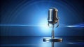 Retro microphone on a stage with abstract blue background ready for a performance. Generative AI Royalty Free Stock Photo