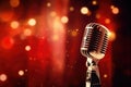 Retro microphone on stage with bokeh background, close up, Microphone for singer music background with spot lighting, AI Generated