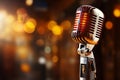 Retro microphone on stage with bokeh background, music concept Royalty Free Stock Photo