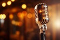 Retro microphone on stage with bokeh background, music concept Royalty Free Stock Photo