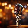 Retro microphone on stage with bokeh background, music concept Royalty Free Stock Photo