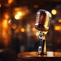 Retro microphone on stage with bokeh background, music concept Royalty Free Stock Photo