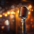 Retro microphone on stage with bokeh background, music concept Royalty Free Stock Photo