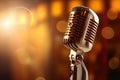 Retro microphone on stage with bokeh background. Music concept, Microphone for singer music background with spot lighting, AI Royalty Free Stock Photo