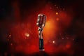 Retro microphone on stage with smoke and fire background. 3d rendering, Microphone for singer music background with spot lighting