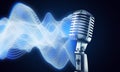 Retro microphone on stage waves voice or American Bar restaurant during a night show. Studio record old school