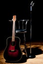 Retro microphone, stool and guitar