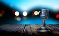 Retro microphone on wooden table