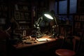 retro microscope in dimly lit study room
