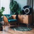 Retro Mid century Funky Colors Interior Living Room With Armchair on Shag Rug, Storage cabinet and Lots of Plants, Window with Royalty Free Stock Photo
