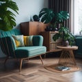 Retro Mid century Funky Colors Interior Living Room With Armchair on Shag Rug, Storage cabinet and Lots of Plants, Window with Royalty Free Stock Photo