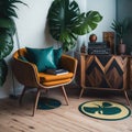 Retro Mid century Funky Colors Interior Living Room With Armchair on Shag Rug, Storage cabinet and Lots of Plants, Window with Royalty Free Stock Photo