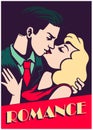 Vintage mid-century couple kissing romance valentine`s day vector illustration Royalty Free Stock Photo
