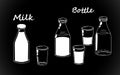 Retro milk bottles set, white bottle silhouettes. Old fashioned bio vintage. Vector illustration isolated hand drawing on black