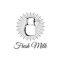 Retro milk jug in beams. Fresh milk text. Vector illustration.