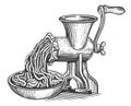 Vintage meat grinder. Retro mincer and mince. Cooking concept. Sketch vector illustration engraving style