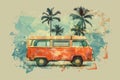 Retro mini van and palm trees in watercolor style Ai illustration Royalty Free Stock Photo