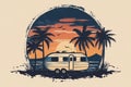Retro mini van and palm trees in watercolor style Ai illustration Royalty Free Stock Photo