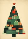 Retro minimallistic collage of a christmas tree, decorated with gifts on neutral white background Royalty Free Stock Photo