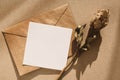 Retro mockup - brown envelope, note paper and dry flowers