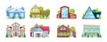 Retro and modern countryside houses set. Facade of suburb private building with triangle roofs Royalty Free Stock Photo