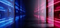 Retro Modern Futuristic Purple Blue Red Sci Fi Vibrant Neon Light Shapes Laser Beams Grunge Concrete Reflective Tunnel Corridor