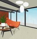 Retro modern home interior with view of city skyline Royalty Free Stock Photo