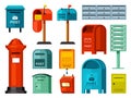Retro and modern mailboxes set. Blue street boxes with legs red container for paper correspondence green for receiving