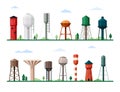 Retro and modern water towers set. Geometric industrial constructions tanks for storing supplies drinking liquid tall