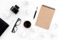 Retro and modern writer desktop with coffee and ink white table background top view mock up Royalty Free Stock Photo