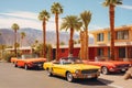 Retro motel exterior with parked vintage cars. Generative AI