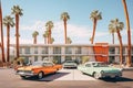 Retro motel exterior with parked vintage cars. Generative AI