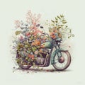 Retro motorbike with flowers on white background, watercolor style. Generative Ai