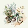 Retro motorbike with flowers on white background, watercolor style. Generative Ai