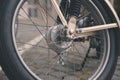 Retro motorcycle wheel. Old laced motorcycle wheel. Royalty Free Stock Photo
