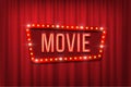 Retro movie sign with bulb frame on red curtain background. Vector illustration. Royalty Free Stock Photo