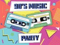 Retro music background. 90s graphic banner with vintage audio cassette. Pop disco party poster. 80s musical Royalty Free Stock Photo