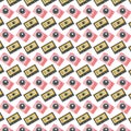Retro music cassettes and cameras photographic pattern