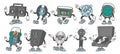 Retro music characters. Disco ball mascot, vinyl record, 80s cassette and CD. Turntable, tape and compact disk players Royalty Free Stock Photo